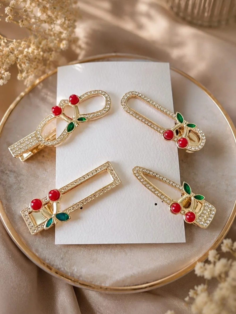 Set of 4 Gold Tone Alloy Cherry Hair Clips with Rhinestone Accents